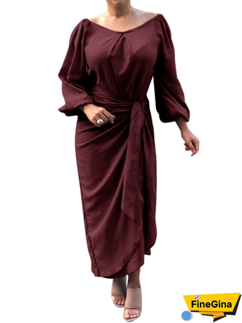Solid Color Knotted Lantern Long Sleeve Casual Dress for Women