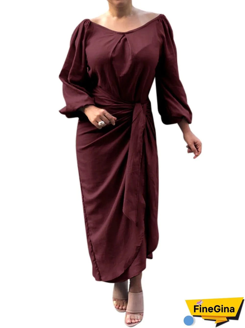 Solid Color Knotted Lantern Long Sleeve Casual Dress for Women