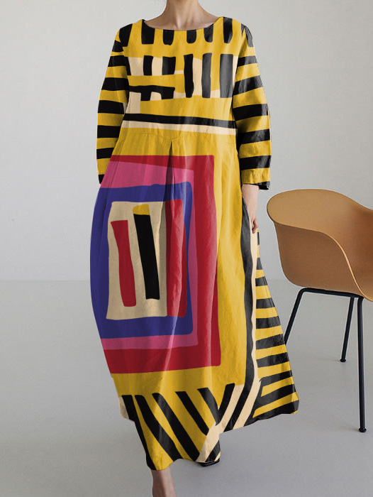 Vintage Abstract Art Print Long Sleeve Dress