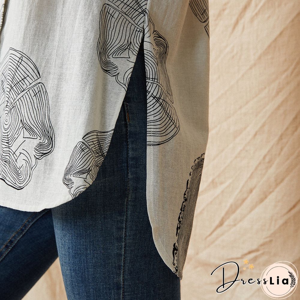 Geometry Print Long Sleeves Casual Loose Blouse With Pockets