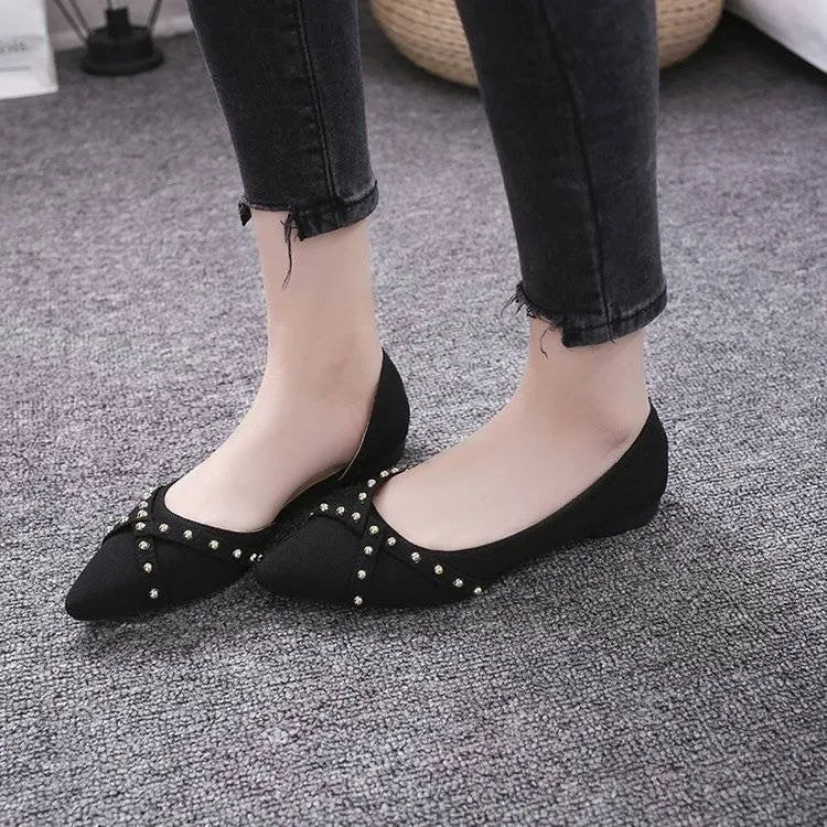 Women Flats Pink Black Pure Color Plus Small Size 34 Large 41 42 43 44 Suede Leather Pointed Toe Office Lady Flat Heel Shoes