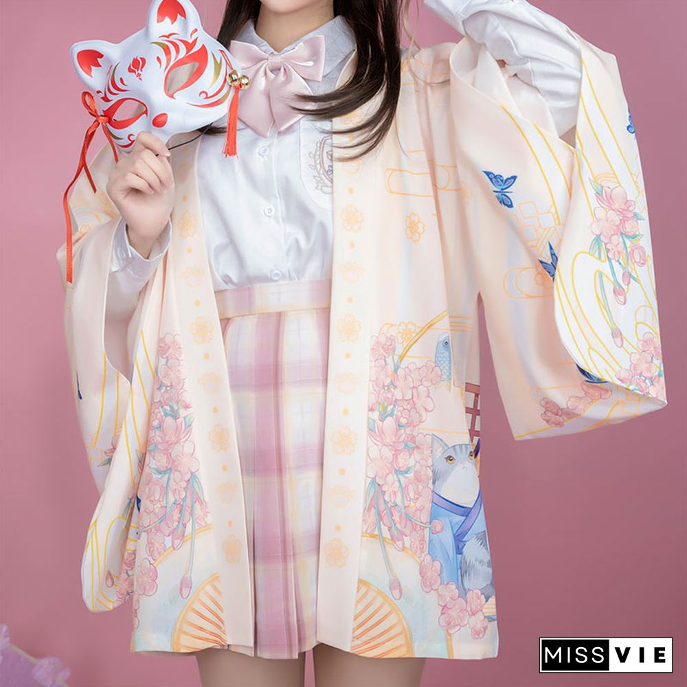 Cartoon Cat Print Loose Cardigan Kimono Outerwear
