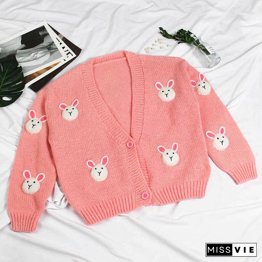 Cartoon Bunny Embroidery V-neck Knit Cardigan Sweater