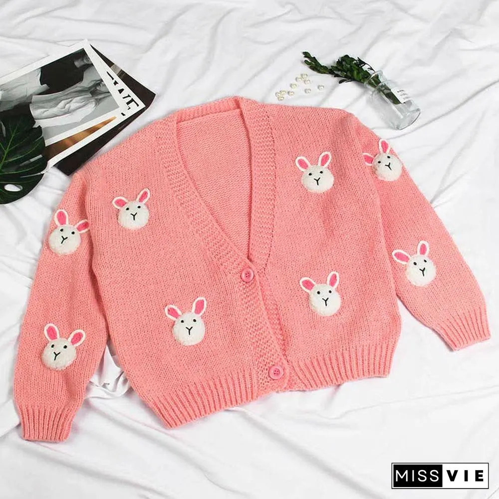 Cartoon Bunny Embroidery V-neck Knit Cardigan Sweater