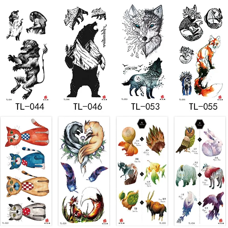 1~8 pieces of animal plants wolf bear bird art tattoo stickers disposable waterproof temporary tattoo stickers for men and women