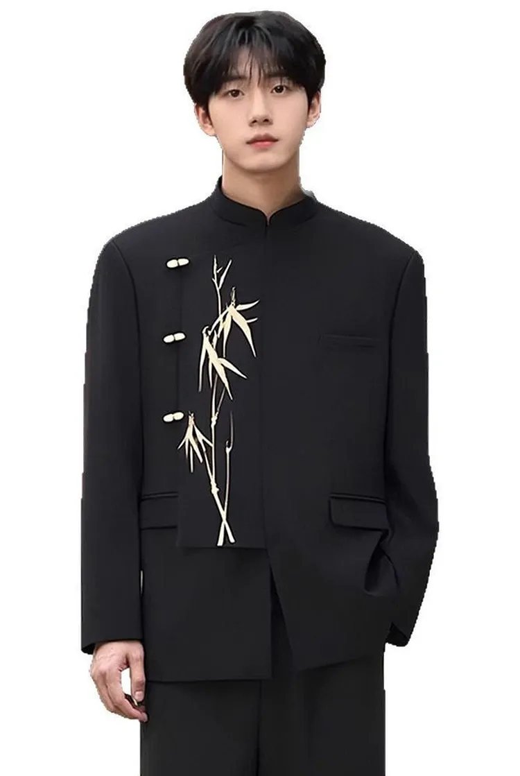 Mandarin Collar Jacket with Gold Bamboo Embroidery for Men