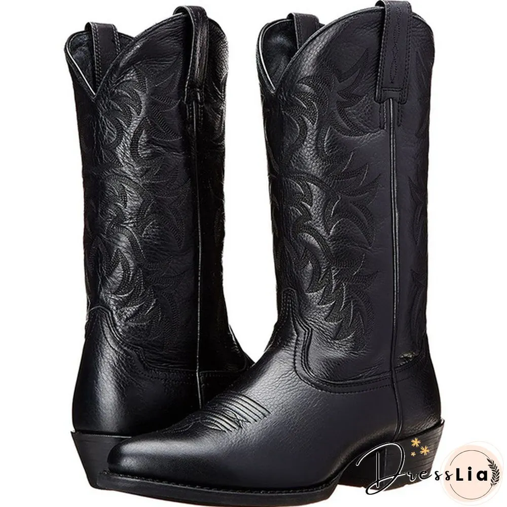 Mens Vintage Leather Mid Calf Boots Pointed Toe Western Cowboy Boots Man Retro Knee High Talll Boots Riding Boots Big Size 38-48 Botas