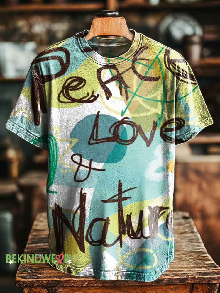 Peace Love Nature Printed Casual Round Neck Short Sleeve T-Shirt Multicolor / S