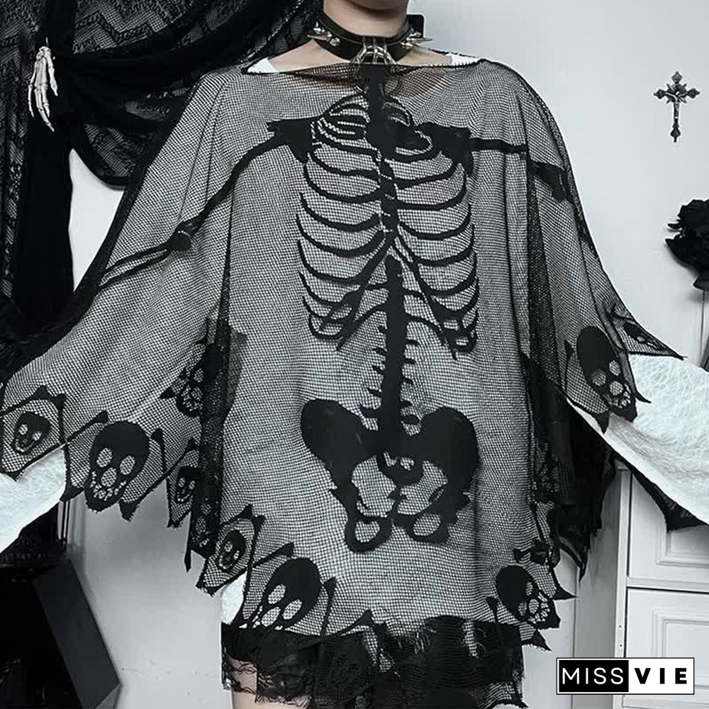 Halloween Gothic Skeleton Skull Print Lace Cloak