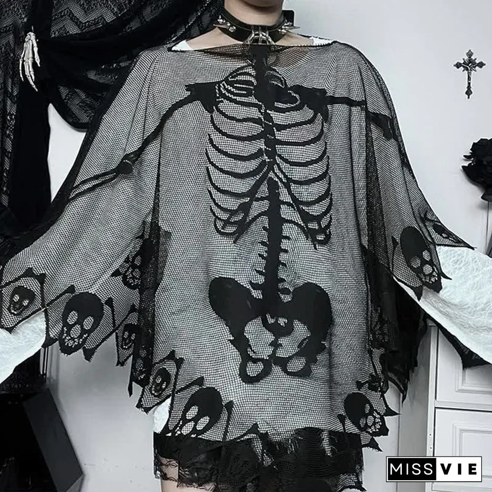 Halloween Gothic Skeleton Skull Print Lace Cloak