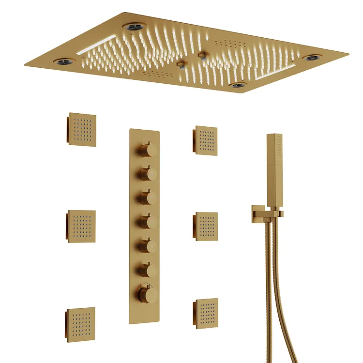 EVERSTEIN Thermostatic LED Rainfall & Waterfall Shower System in Brushed Gold SFS-1029-GD