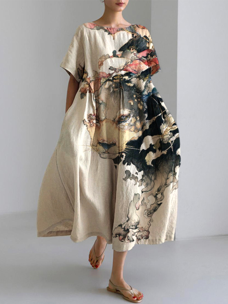 Japanese Art Cat Print Cotton Blend Dress