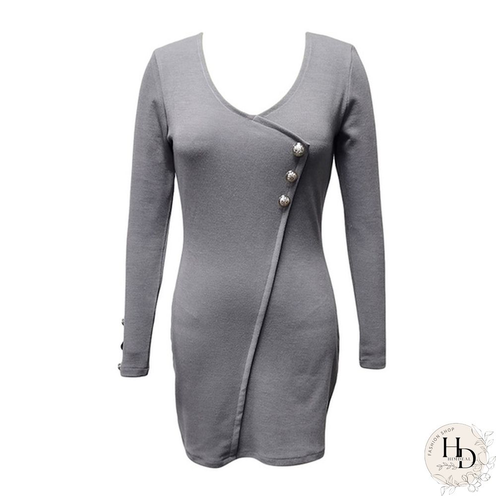 Ladies Autumn Spring Elegant Long Sleeve Buttons Slim Hip Casual Autumn Dress Bodycon Dresses Women Work Wear OL Dress