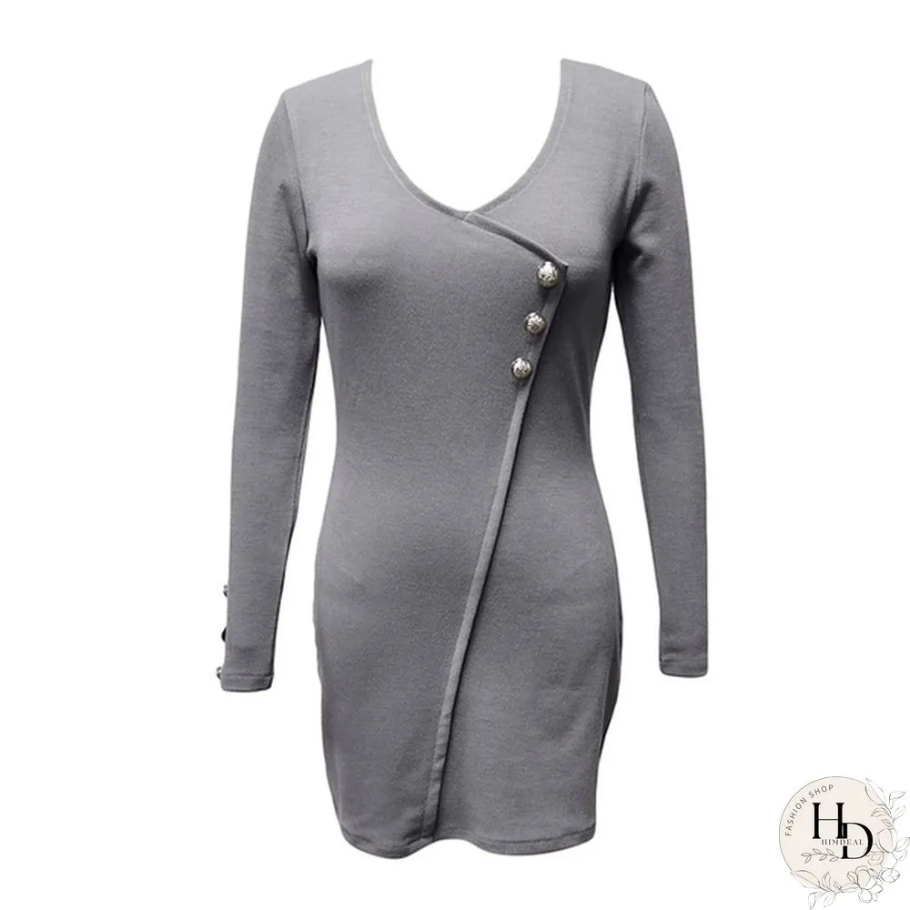 Ladies Autumn Spring Elegant Long Sleeve Buttons Slim Hip Casual Autumn Dress Bodycon Dresses Women Work Wear OL Dress