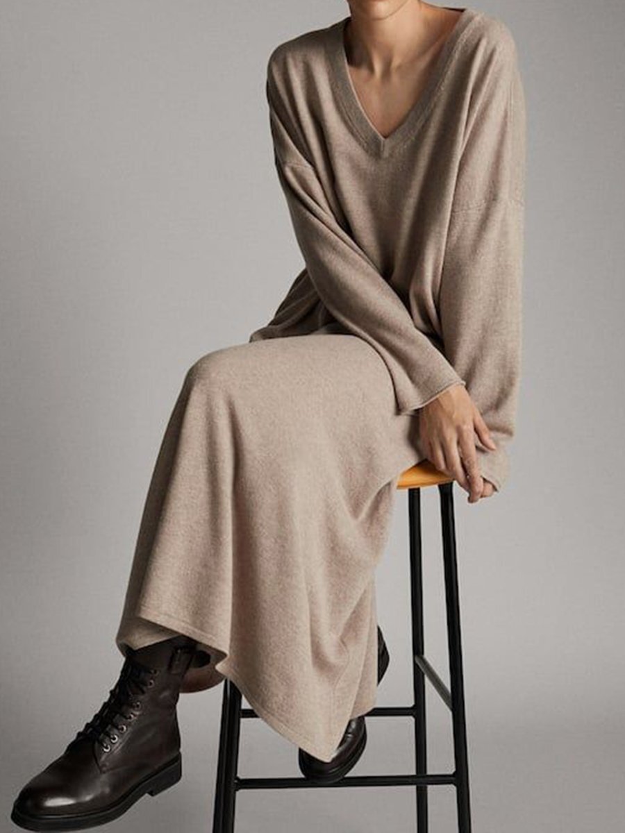 Fashion Casual V-Neck Long Sleeve Solid Color Dress
