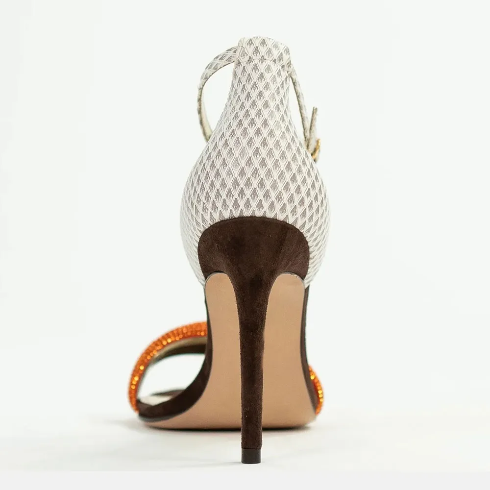 Orange & Brown Rhinestone Embossed Ankle Strap Summer Sandals
