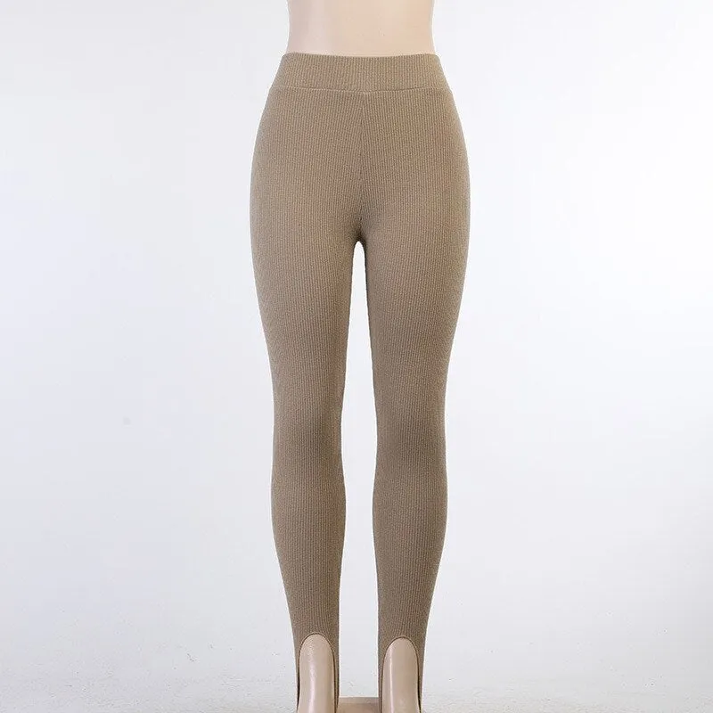 Ribbed Knitt Skinny Stretch Leggings Women Autumn Winter Fashion Elastic High Waist Leggings Outfit Stirrup Leggings