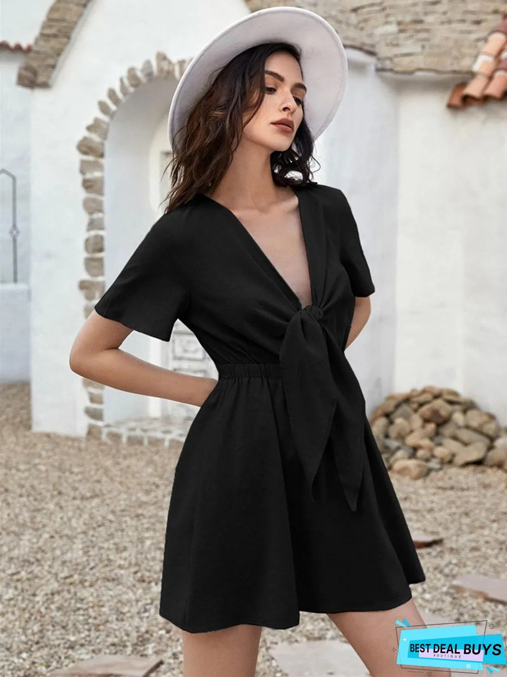 Dress Strap Bow Casual Solid Color A-Line Skirt Temperament Short Sleeve Cotton Dress