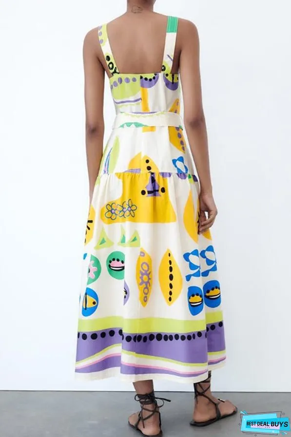 Button-breasted belted wide strap maxi dress