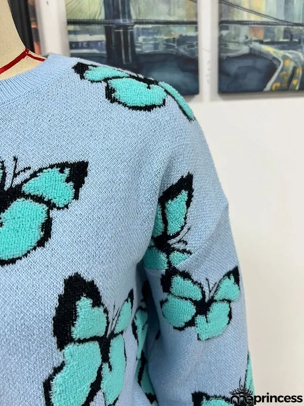 Original Long Sleeves Loose Butterfly Print Contrast Color Round-Neck Sweater Tops