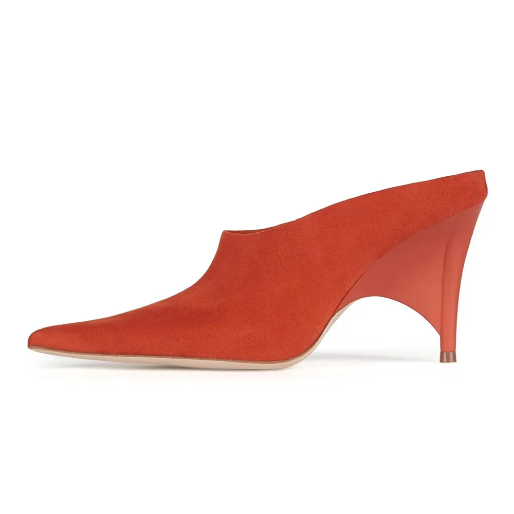 Orange Vegan Suede Sculptural Heel Mules Shoes with Pointed Toe