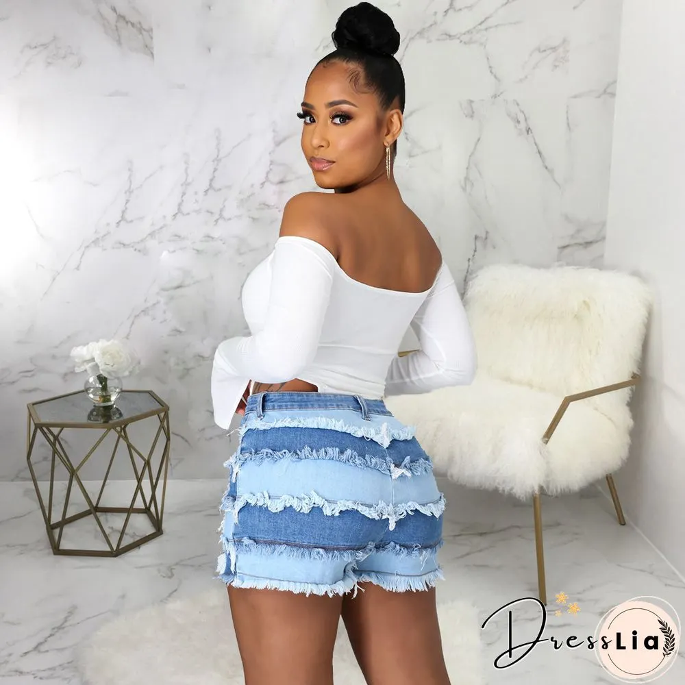 Summer Sexy Patchwork Women Ripped High Waist Holes Stretch Streetwear Plus Size Denim Shorts