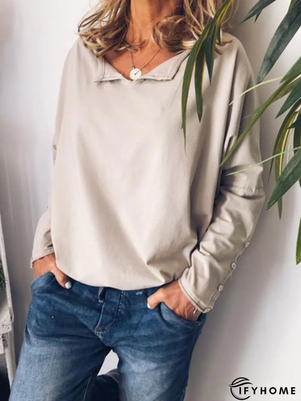 Casual Cotton V Neck Long Sleeve T-Shirt | IFYHOME