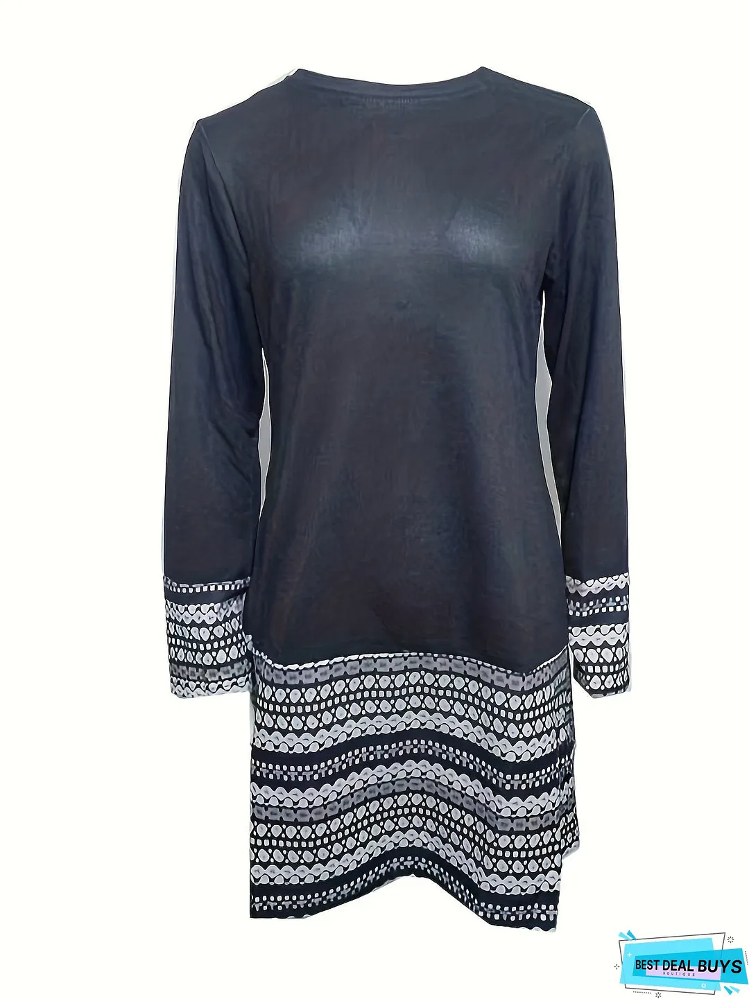 Color Block Printed Dress, Casual Crew Neck Long Sleeve A Line Dress, Women's Clothing