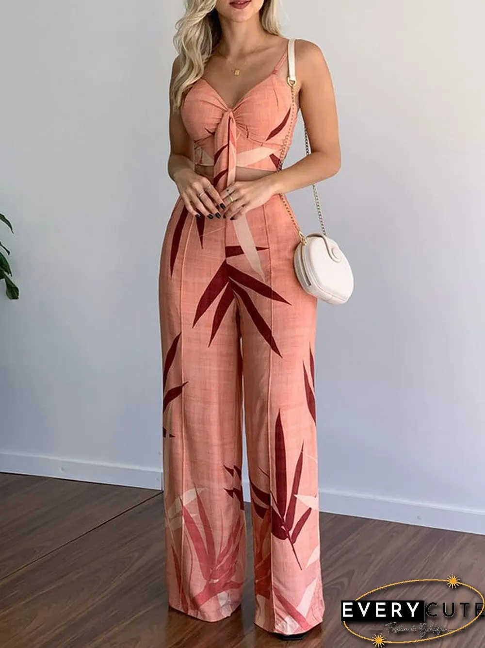 Women'S Sets V-Neck Cropped Tank Top & Printed Wide-Leg Pants Two-Piece Set