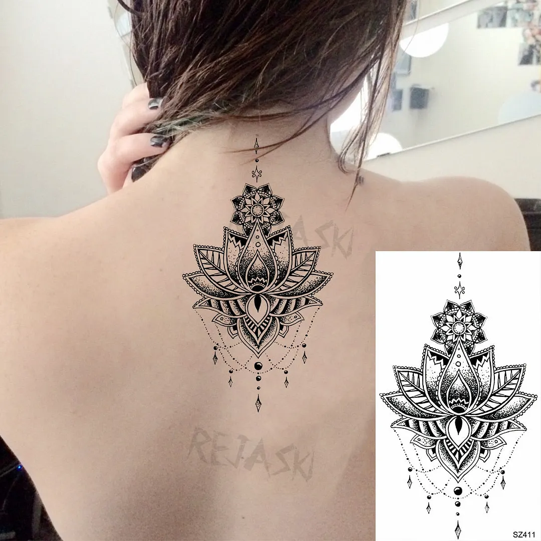Small Henna Lotus Sexy Back Temporary Tattoos For Women Adult Feather Dandelion Fake Tattoo Body Art Waterproof Tatoos Sticker