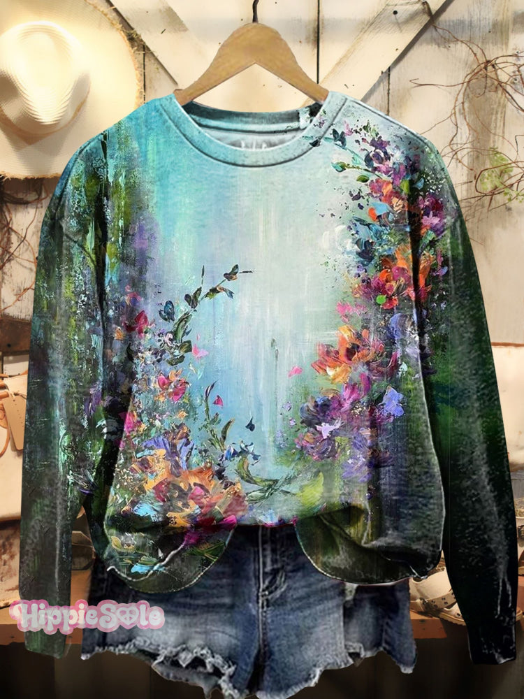 Floral Gradient Sky Art Print Casual Sweatshirt Multicolor / S