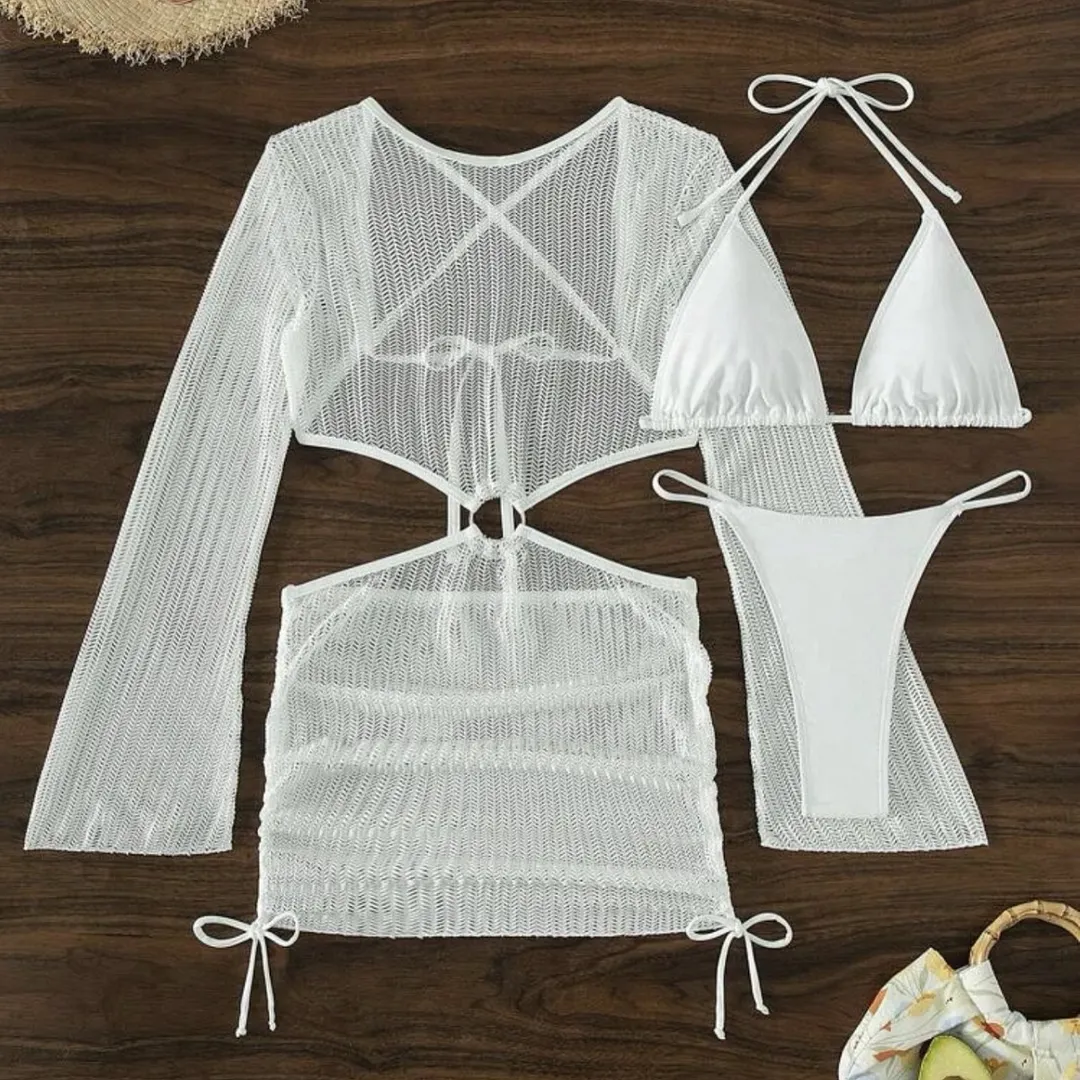 Brownm 2024 New Special Net Snipeg Empty Drawstring Strap Swimsuit Bikini Three-Piece Set