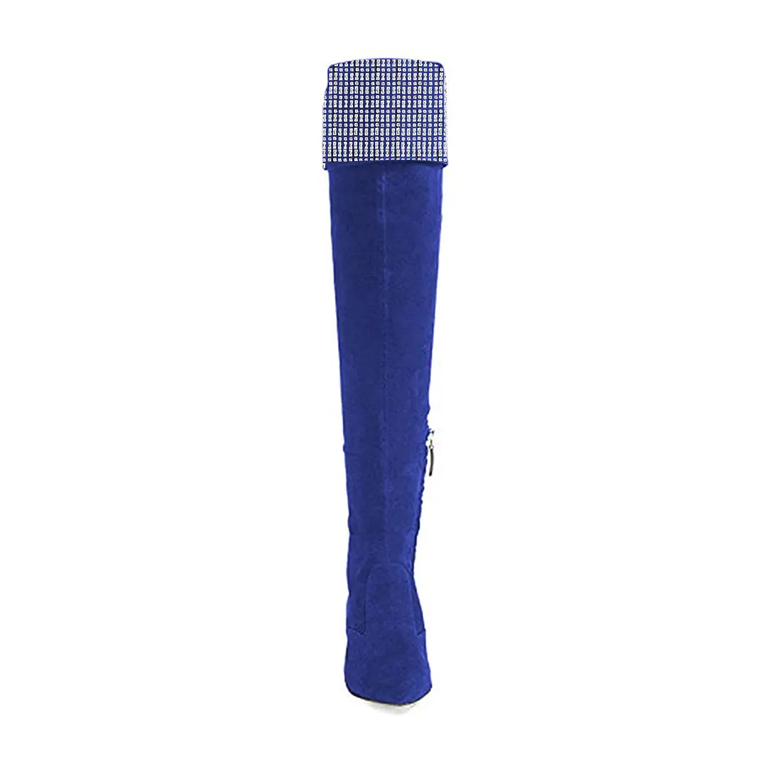 Faux Suede Over-The-Knee Rhinestone Embellished Boots in Royal Blue