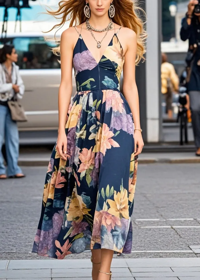 Art Navy Print Exra Large Hem Chiffon Cami Dresses Summer