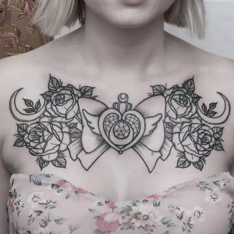 Dark Flower Temporary Tattoo Female Waterproof Sexy Gothic Clavicle Water Transfer Art Fake Tattoos Arm Chest Tattoo Stickers