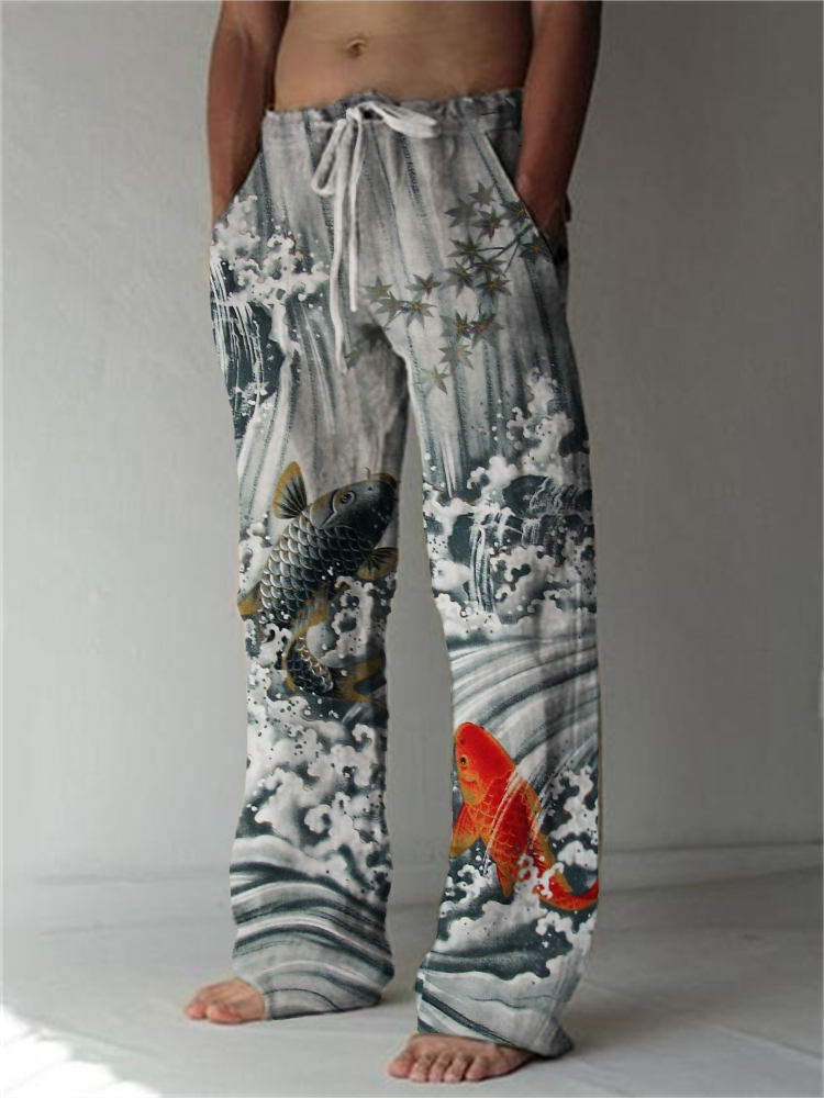 Upstream Carp Japanese Art Linen Blend Casual Pants  artssus