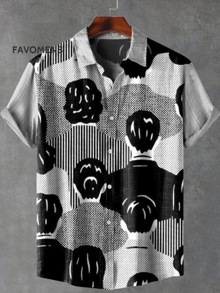 Retro Illustration Style Black And White Character Back Pattern Print Casual 100% Cotton Shirt / S