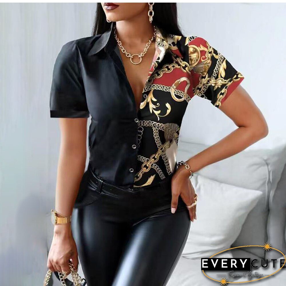 Summer Women Black Floral Print Top Shirt Fashion Casual Short Sleeve Turn-down Collar Tops Shirts New Elegant Slim Button Shirt