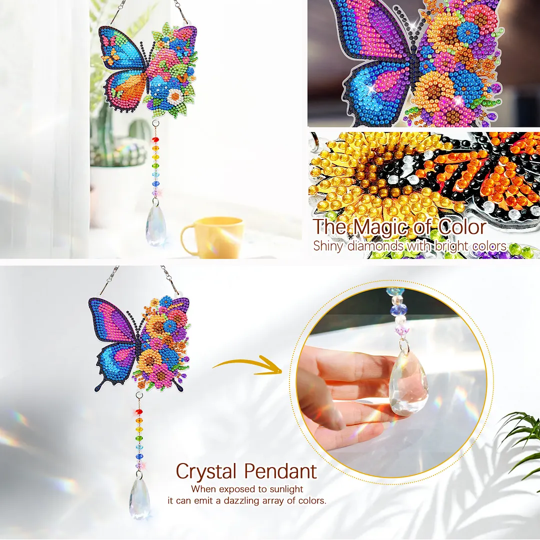 2Pcs Butterfly DIY Double-Sided Diamond Painting Hanging Kits Diamond Painting Suncatcher Craft Kit for Home Garden Wall Decor Gift