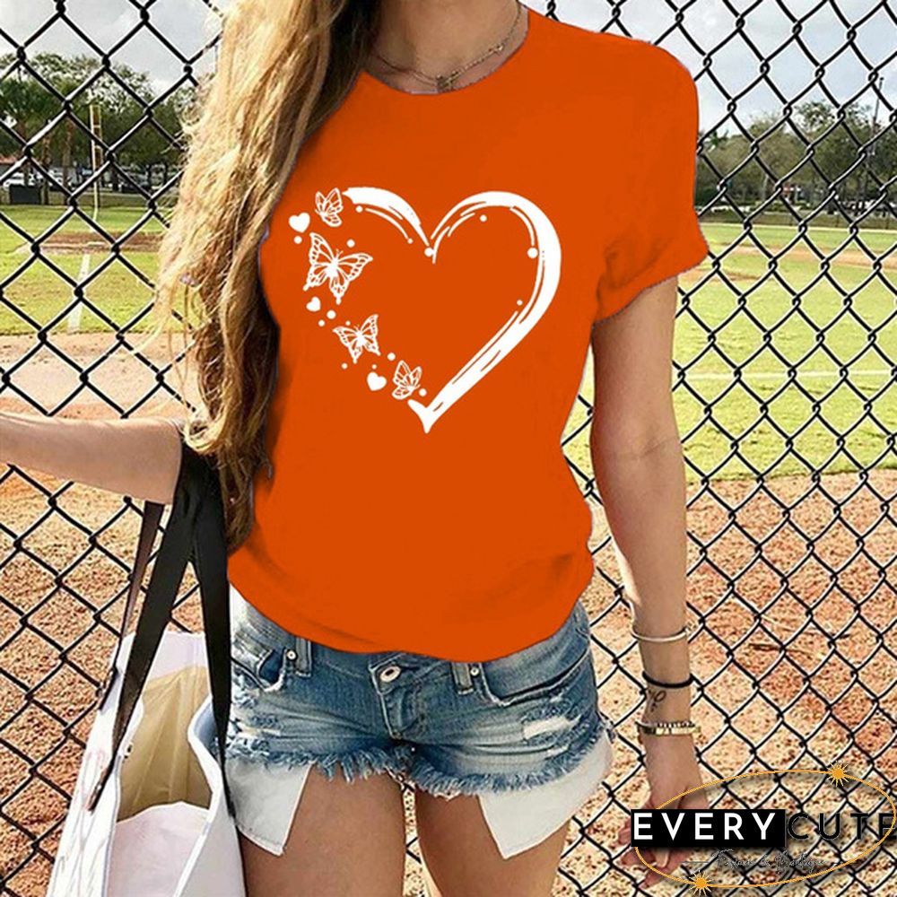 New Ladies Heart-shaped Print Short-sleeved T-shirt Fashion Round Neck T-shirt Womenu3002