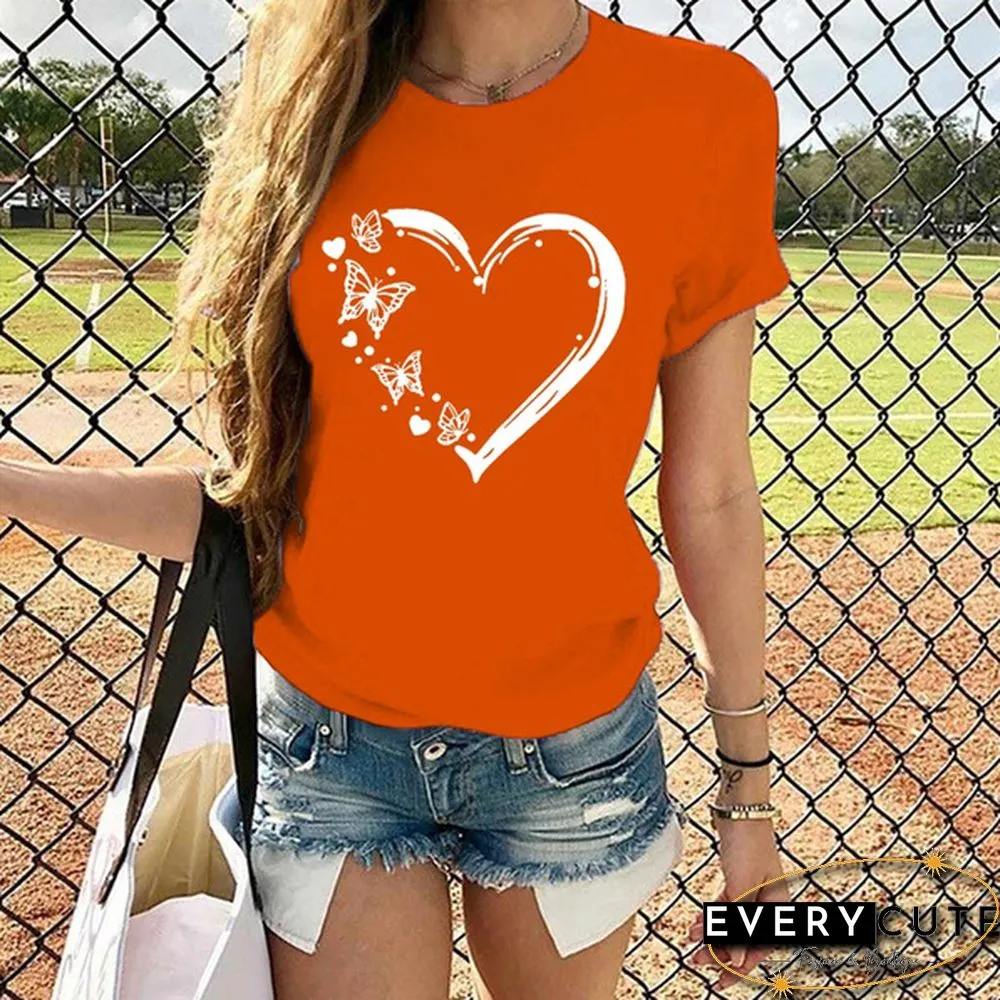 New Ladies Heart-shaped Print Short-sleeved T-shirt Fashion Round Neck T-shirt Womenu3002
