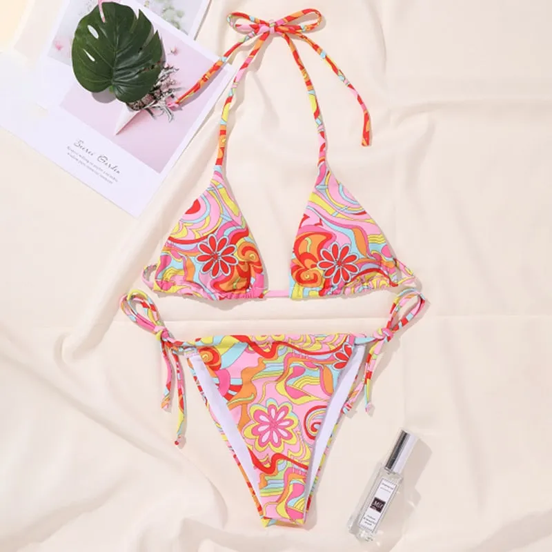 Peachtan Print bikini 2021 Triangle swimsuit women Halter swimwear female Brazilian swimming suit Sexy bathing suit string sexy