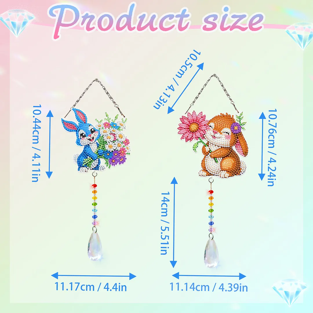 2Pcs Flower Rabbit DIY Double-Sided Diamond Painting Hanging Kits Diamond Painting Suncatcher Craft Kit for Home Garden Wall Decor Gift