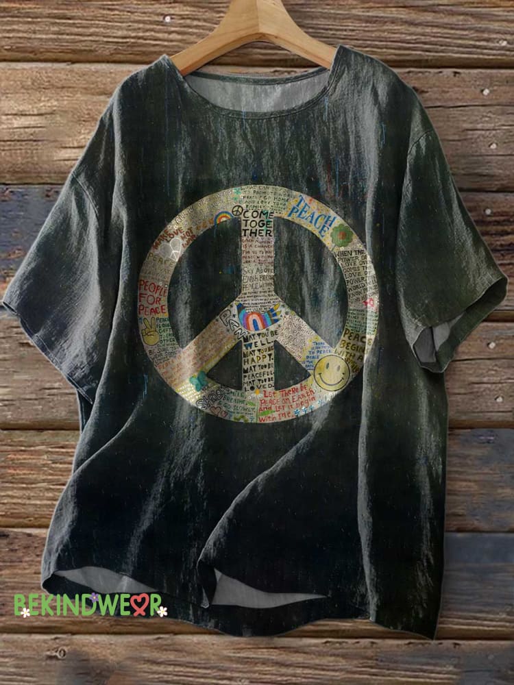 Women&rsquo;s Retro Hippie Peace Sign Love and Peace Print Casual Linen Crew Neck Shirt Multicolor / S