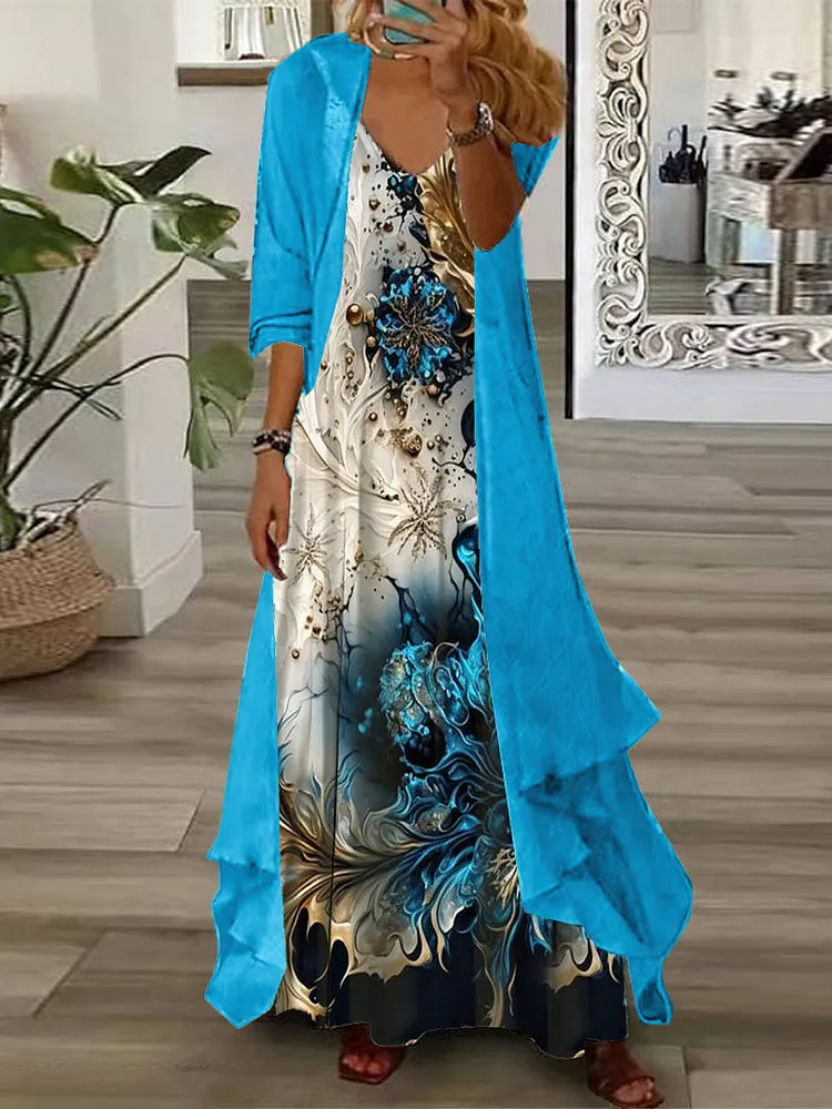 Women's Long Sleeve V-neck Floral Printed Two Pieces Maxi Dress