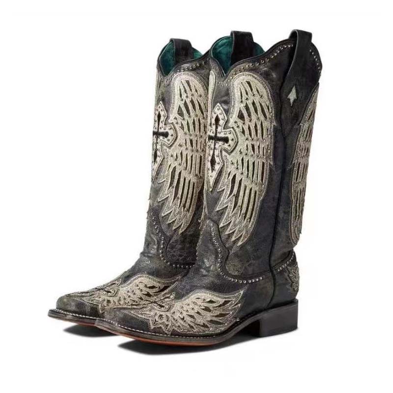 VCSHOES Retro Western Cowboy Boots Female Embroidery Pointed Toe Wedges Mid-calf Botas Shoes