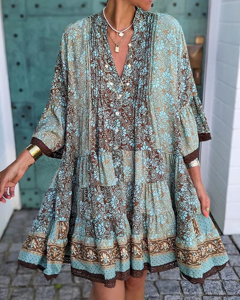 Bell Sleeve Printed V-neck Tunic Dress