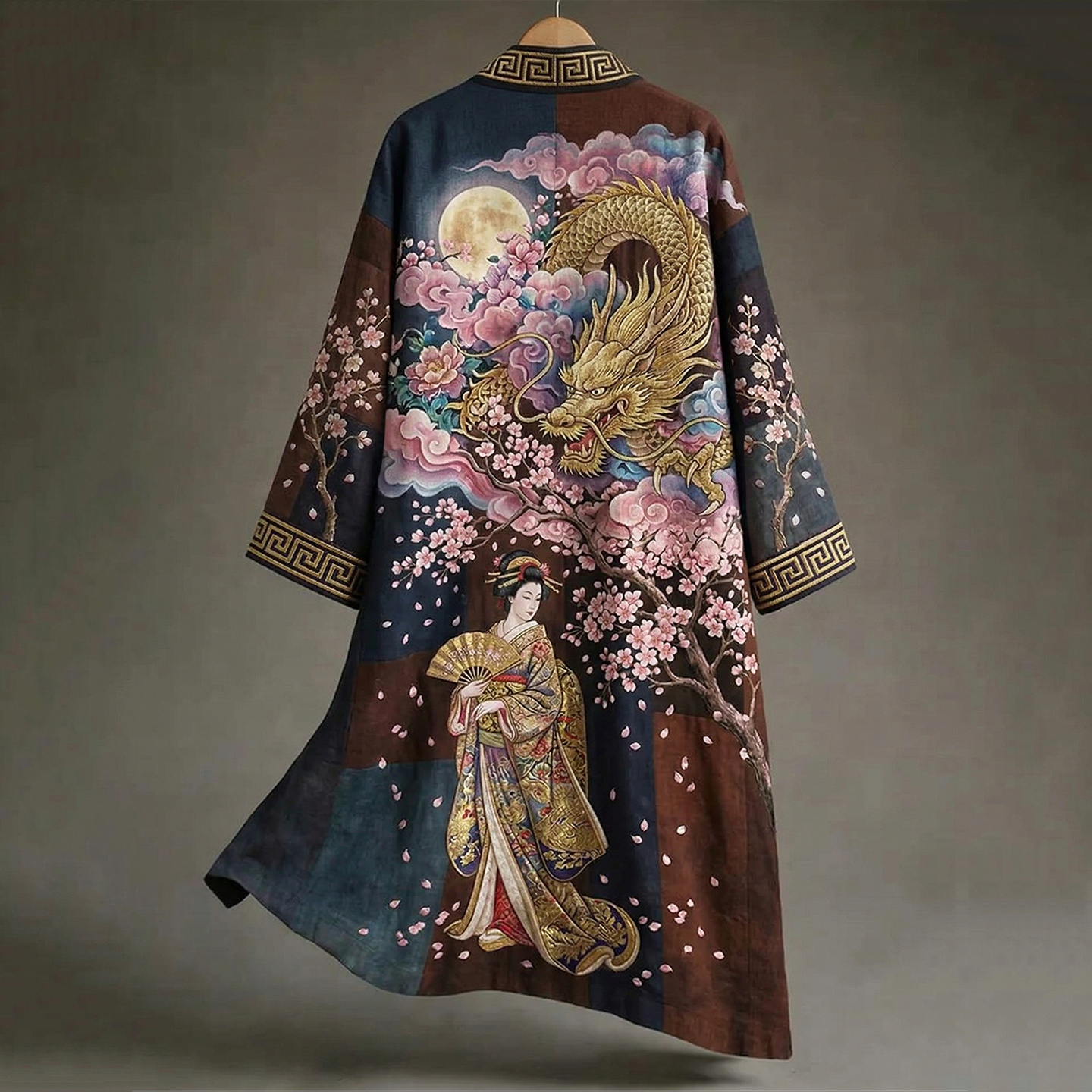 Retro Elegant Japanese Geisha And Dragon Art Linen-blend Long Kimono elevenforest