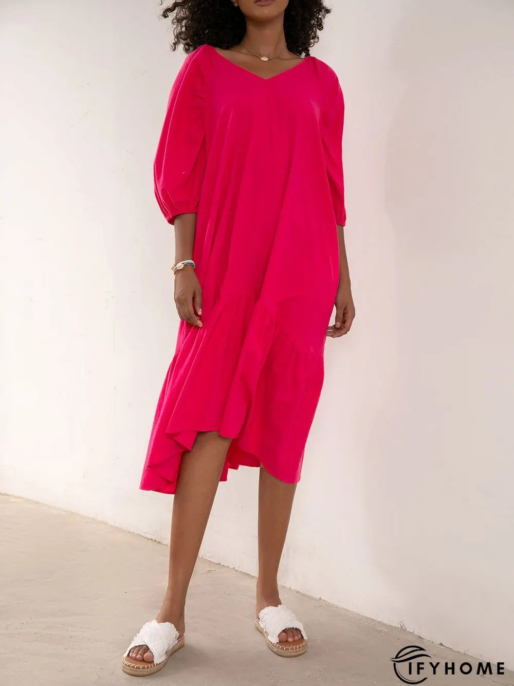 Plain Holiday Balloon Sleeve Cotton-Blend Weaving Dress | IFYHOME