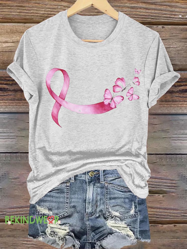 Breast Cancer Ribbon Butterfly Print Casual Round Neck Short Sleeve T-Shirt White / S